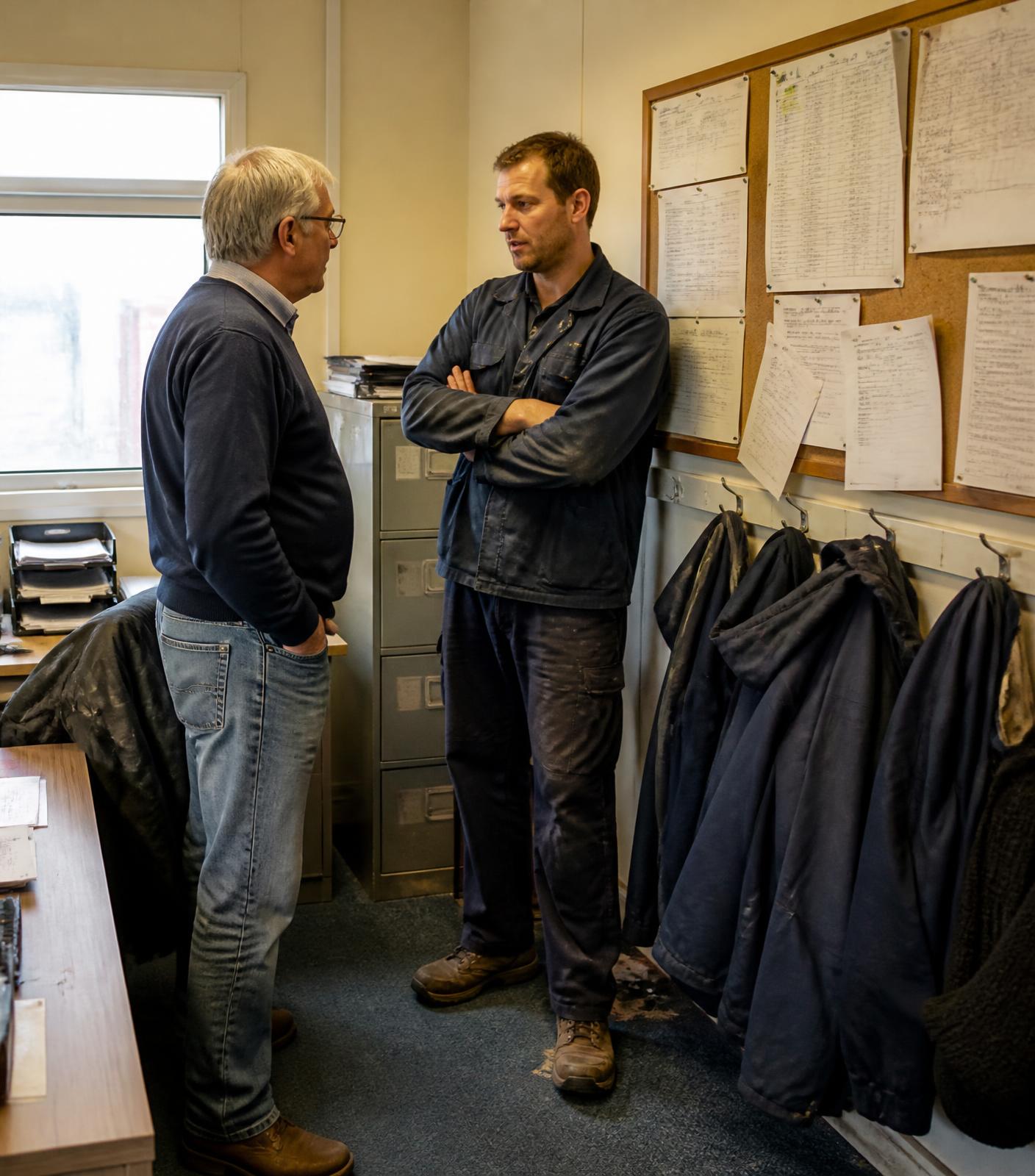 Colleagues talking through a staffing decision in a Hertfordshire office