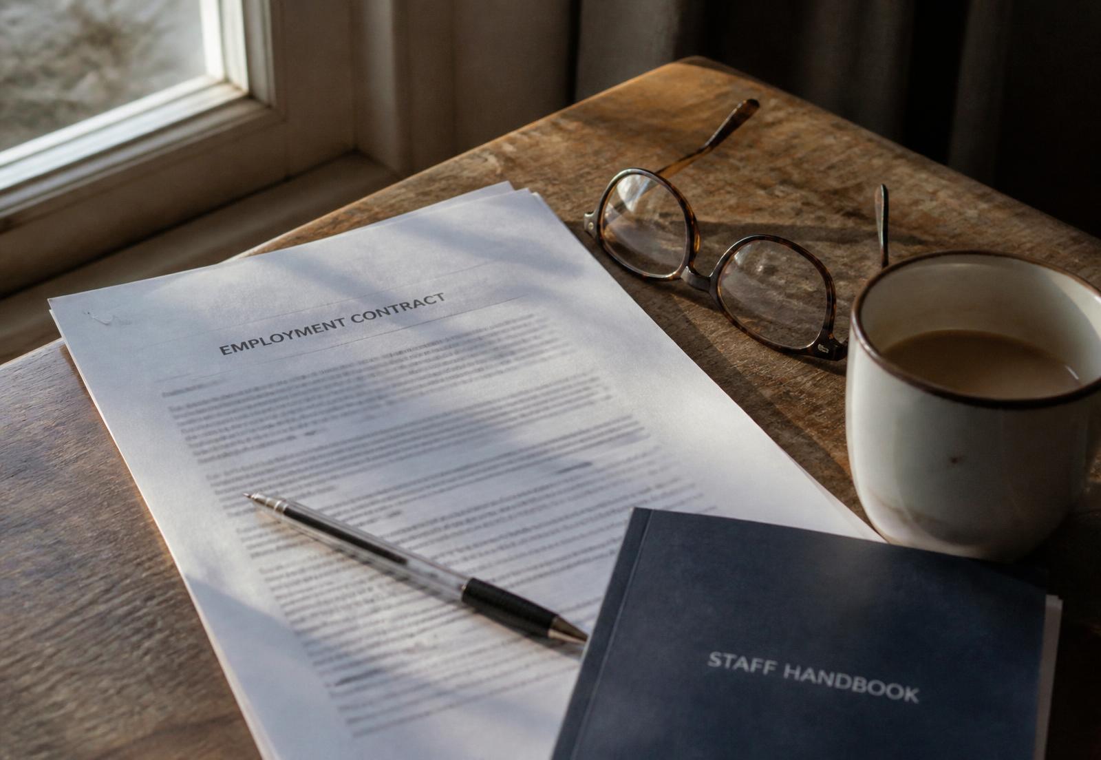 A contract of employment and staff handbook on a desk under a shaft of light